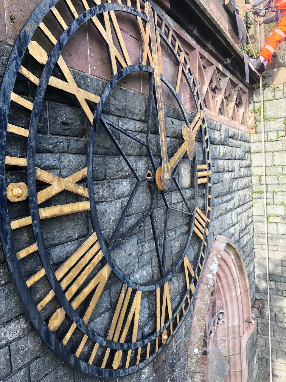 Clockface at St John's Barmouth during tower maintenance 2019