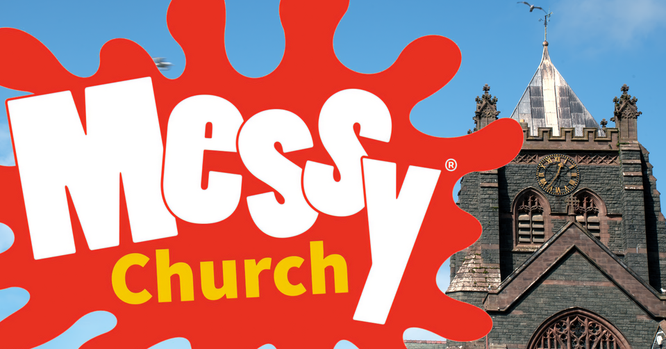 Messy Church logo with St John's church tower in the background